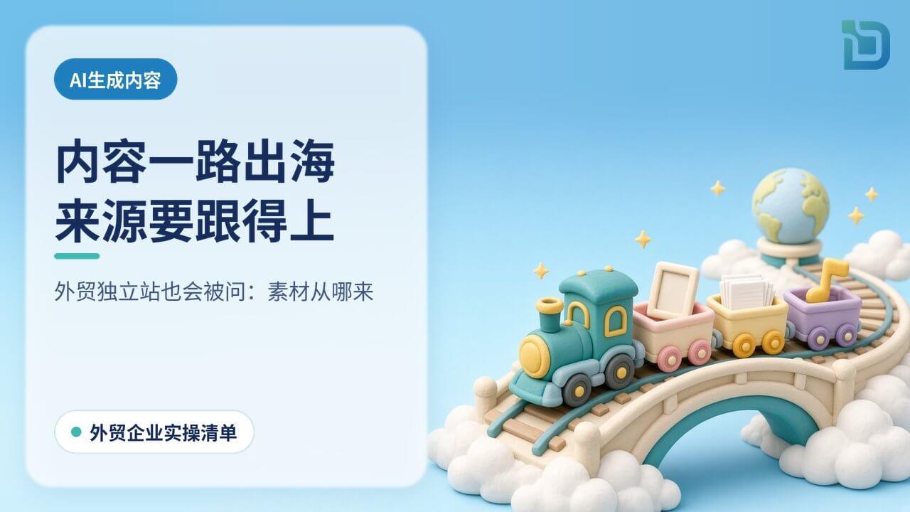 AI生成内容：内容一路出海，来源要跟得上。小火车载着图片、文件和音符驶向地球仪