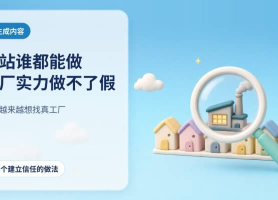AI生成内容越来越多，买家要找真工厂：一个软陶放大镜照在一排相似的小房子上，只有一间亮着真实的工厂灯光