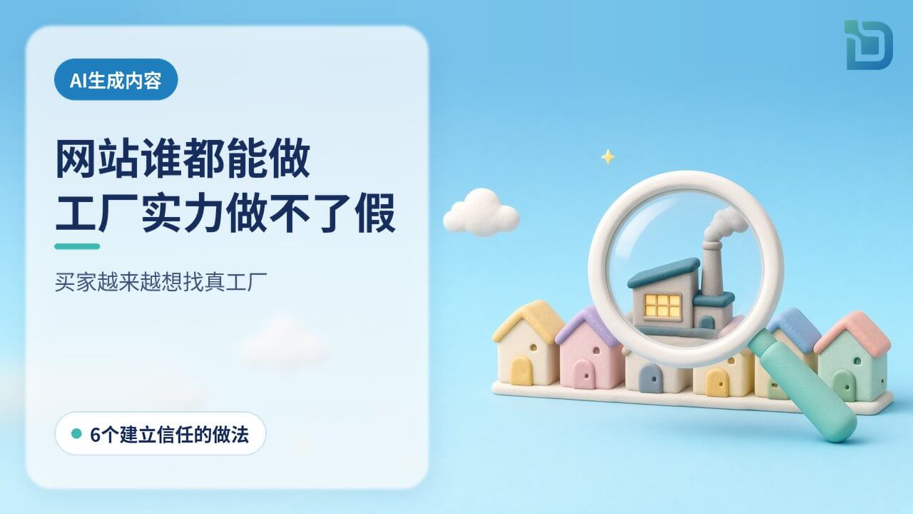 AI生成内容越来越多,买家要找真工厂:一个软陶放大镜照在一排相似的小房子上,只有一间亮着真实的工厂灯光