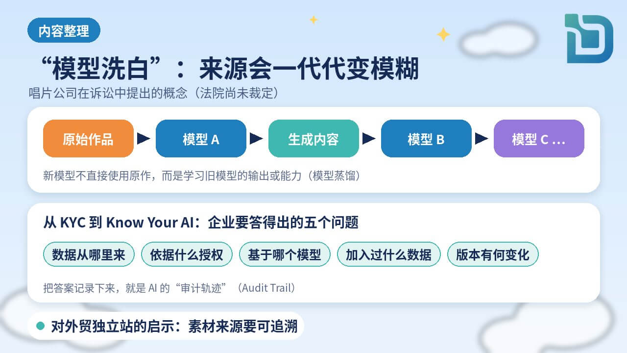 内容整理图表：“模型洗白”：来源会一代代变模糊。原始作品→模型A→生成内容→模型B→模型C；新模型学习旧模型的输出或能力（模型蒸馏），法院尚未裁定；Know Your AI 五个问题：数据从哪里来、依据什么授权、基于哪个模型、加入过什么数据、版本有何变化