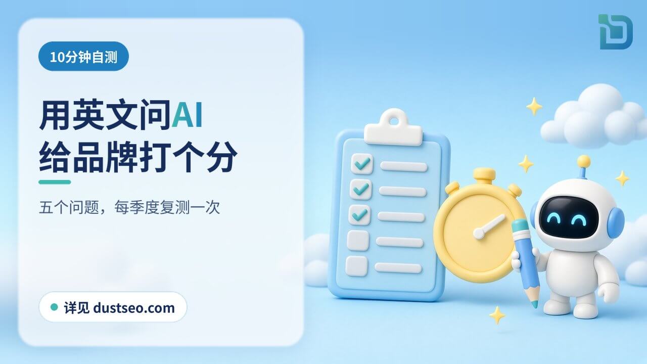 10分钟自测:写字板清单逐项打勾,旁边是秒表和地球仪,白色小机器人举着笔