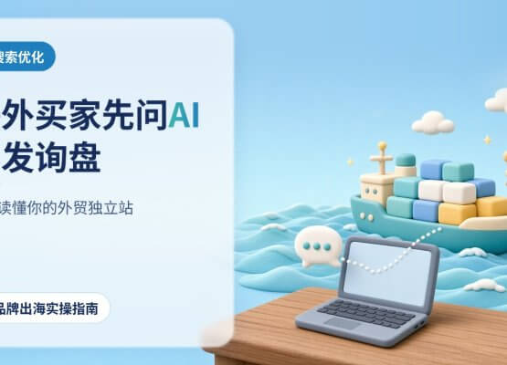 AI搜索优化：海外买家先问AI，再发询盘。货轮驶过港口，前景笔记本电脑屏幕上弹出对话气泡