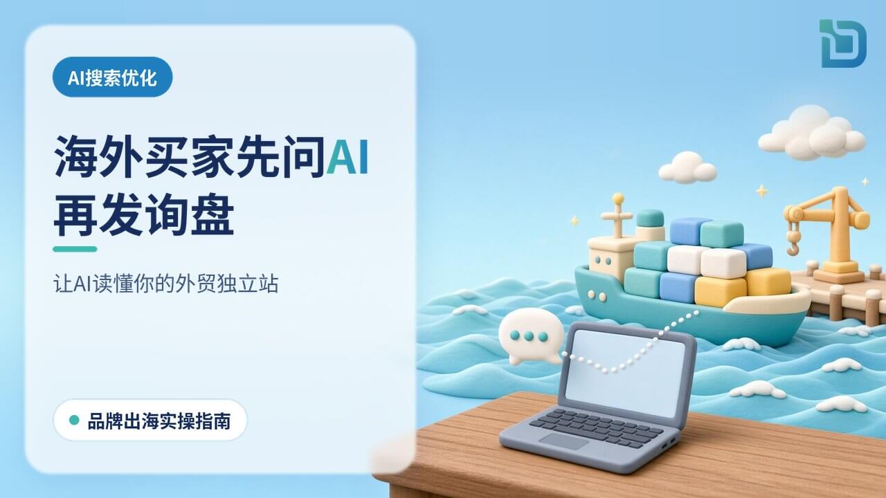 AI搜索优化:海外买家先问AI,再发询盘。货轮驶过港口,前景笔记本电脑屏幕上弹出对话气泡