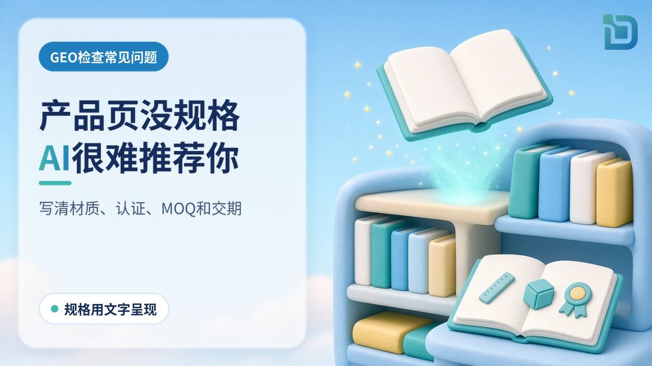 产品页没有规格,AI很难推荐:书架上一排产品目录,一道光束挑出一本内页空白的目录