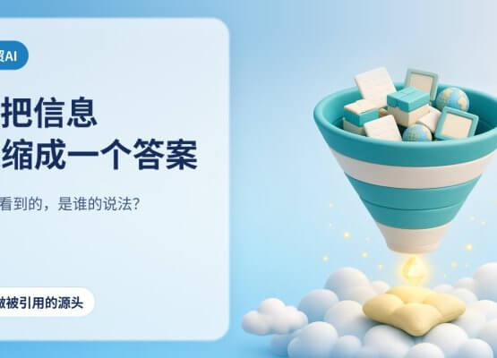 外贸AI：AI把信息浓缩成一个答案。巨大漏斗吸入文件、产品盒和地球仪，底部滴出一颗发光宝石