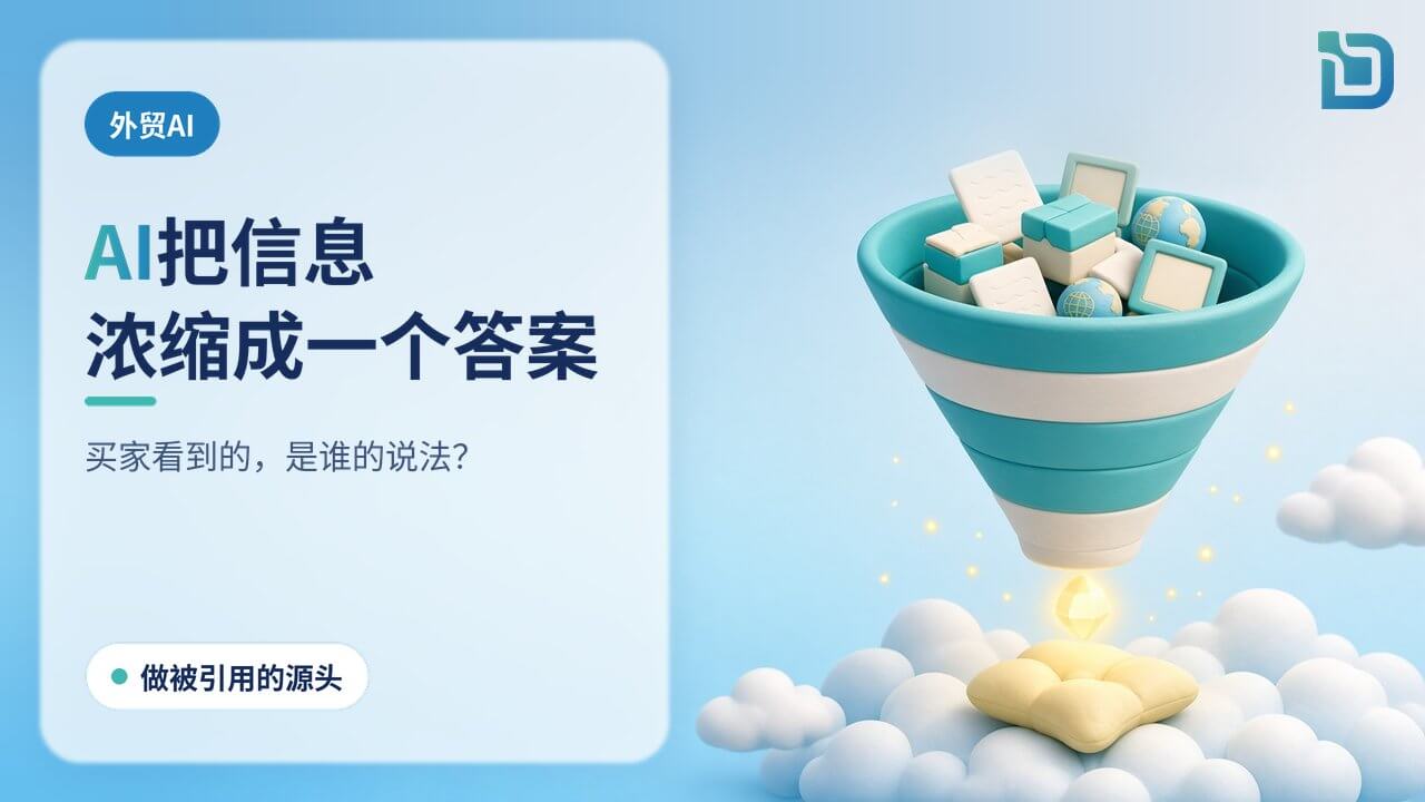 外贸AI:AI把信息浓缩成一个答案。巨大漏斗吸入文件、产品盒和地球仪,底部滴出一颗发光宝石