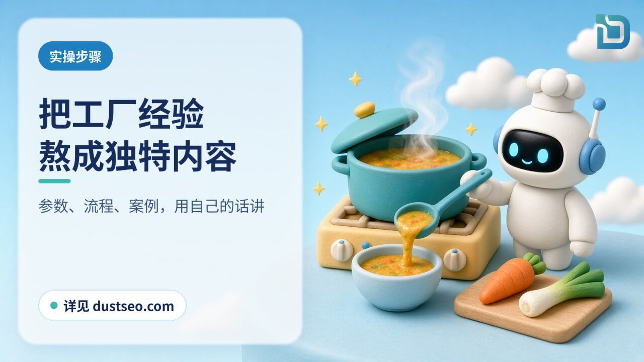 把工厂经验熬成独特内容:戴厨师帽的白色小机器人把一大锅汤浓缩成一小碗