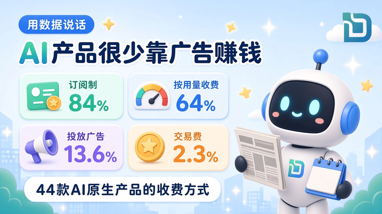 用数据说话:AI产品很少靠广告赚钱。订阅制 84%、按用量收费 64%、投放广告 13.6%、交易费 2.3%;44款AI原生产品的收费方式。机器人拿着报纸和空白日历